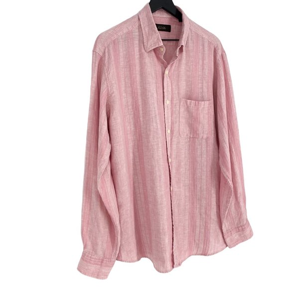 TASSO ELBA Pink Textured Stripe Linen Button Up Long Sleeve Shirt Size L - Picture 3 of 16